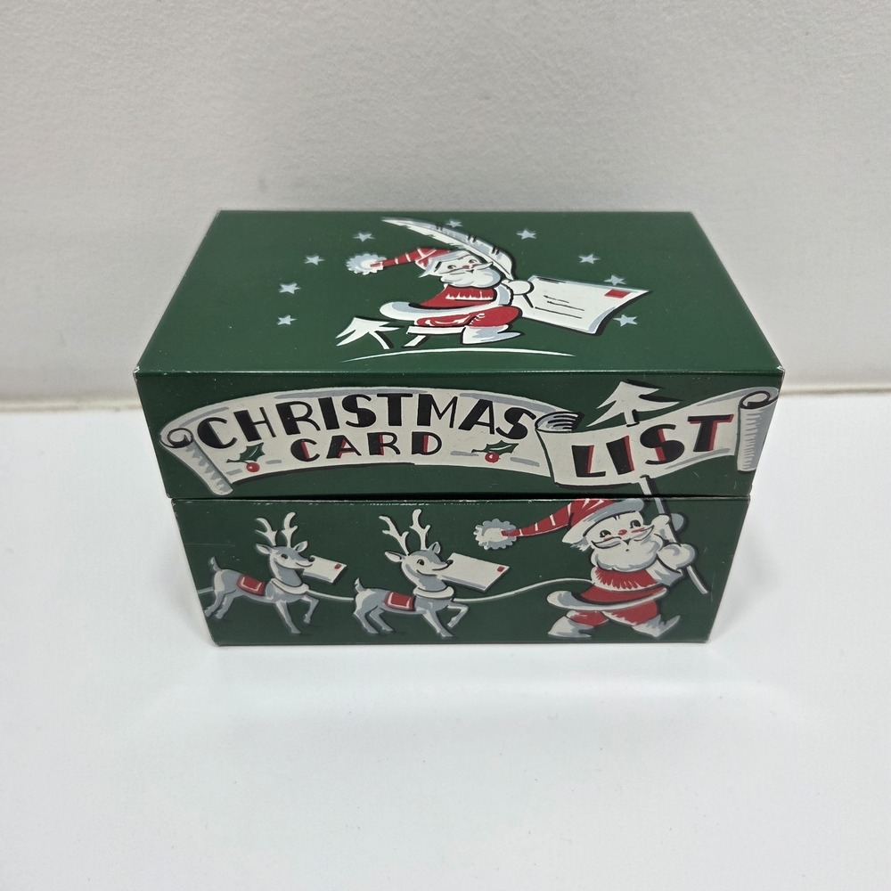 ~VINTAGE STYLECRAFT METAL CHRISTMAS CARD LIST TIN BOX W/SANTA SLEIGH & REINDEER~